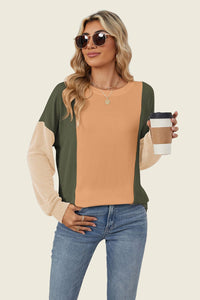 Texture Contrast Round Neck Long Sleeve Top (multiple color options)