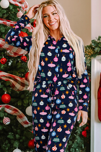 Christmas Lights Print Collared Neck Top and Pants PJ Set