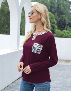 Cutout Leopard Round Neck Long Sleeve T-Shirt (multiple color options)