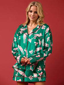 Printed Collared Neck Long Sleeve Top and Shorts Pajama Set (multiple color options)