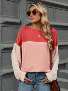 Contrast Round Neck Long Sleeve Top (multiple color options)