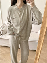 Load image into Gallery viewer, Pocketed Round Neck Button Up Cardigan and Pants Sweater Set (multiple color options)
