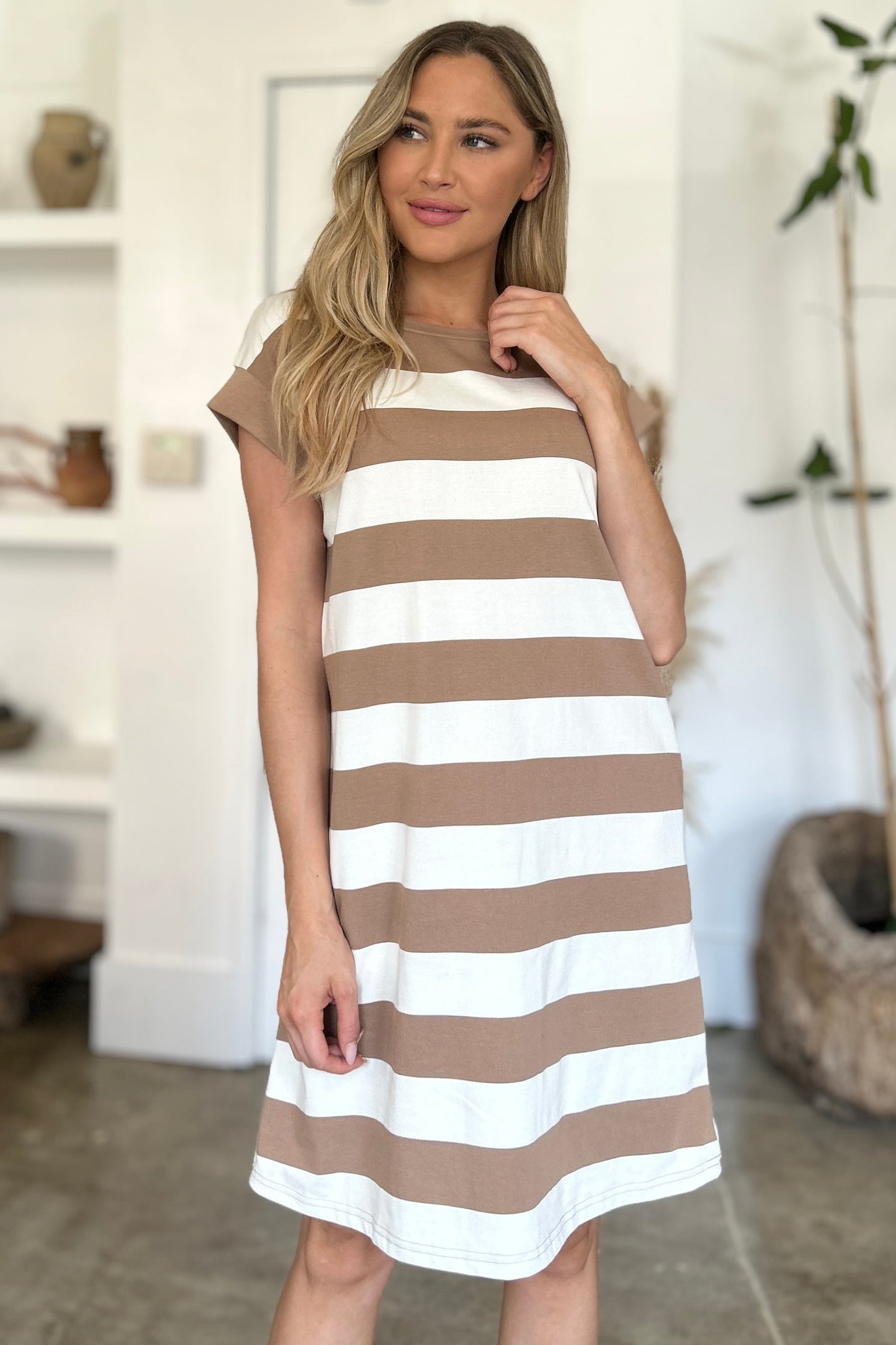 Striped Round Neck Cap Sleeve Mini Dress (multiple color options)