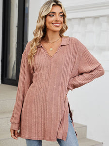 Slit Johnny Collar Long Sleeve Top (multiple color options)