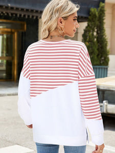 Slit Contrast Striped Long Sleeve Sweatshirt (multiple color options)