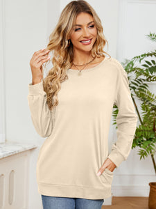 Ruched Shoulder Round Neck Long Sleeve Sweatshirt (multiple color options)