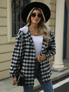 Drawstring Plaid Long Sleeve Hooded Jacket (multiple color options)