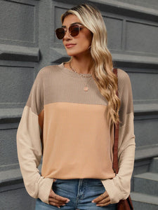 Contrast Round Neck Long Sleeve Top (multiple color options)