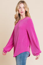 Load image into Gallery viewer, Long Sleeve Curved Hem Ribbed T-Shirt in Fuchsia
