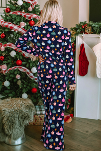 Christmas Lights Print Collared Neck Top and Pants PJ Set