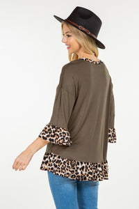 Flounce Sleeve Leopard Trim Top