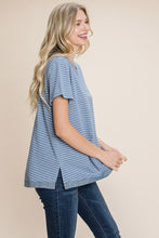 Load image into Gallery viewer, Slit Striped Notched Short Sleeve Top
