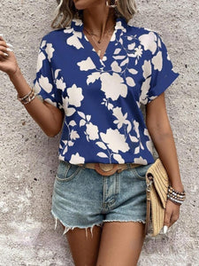 Flower Notched Short Sleeve Blouse (multiple color options)