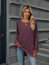 Load image into Gallery viewer, Pocketed Striped Round Neck Long Sleeve T-Shirt (multiple color options)
