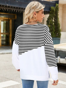 Slit Contrast Striped Long Sleeve Sweatshirt (multiple color options)