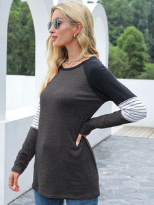 Contrast Striped Round Neck Long Sleeve T-Shirt (multiple color options)