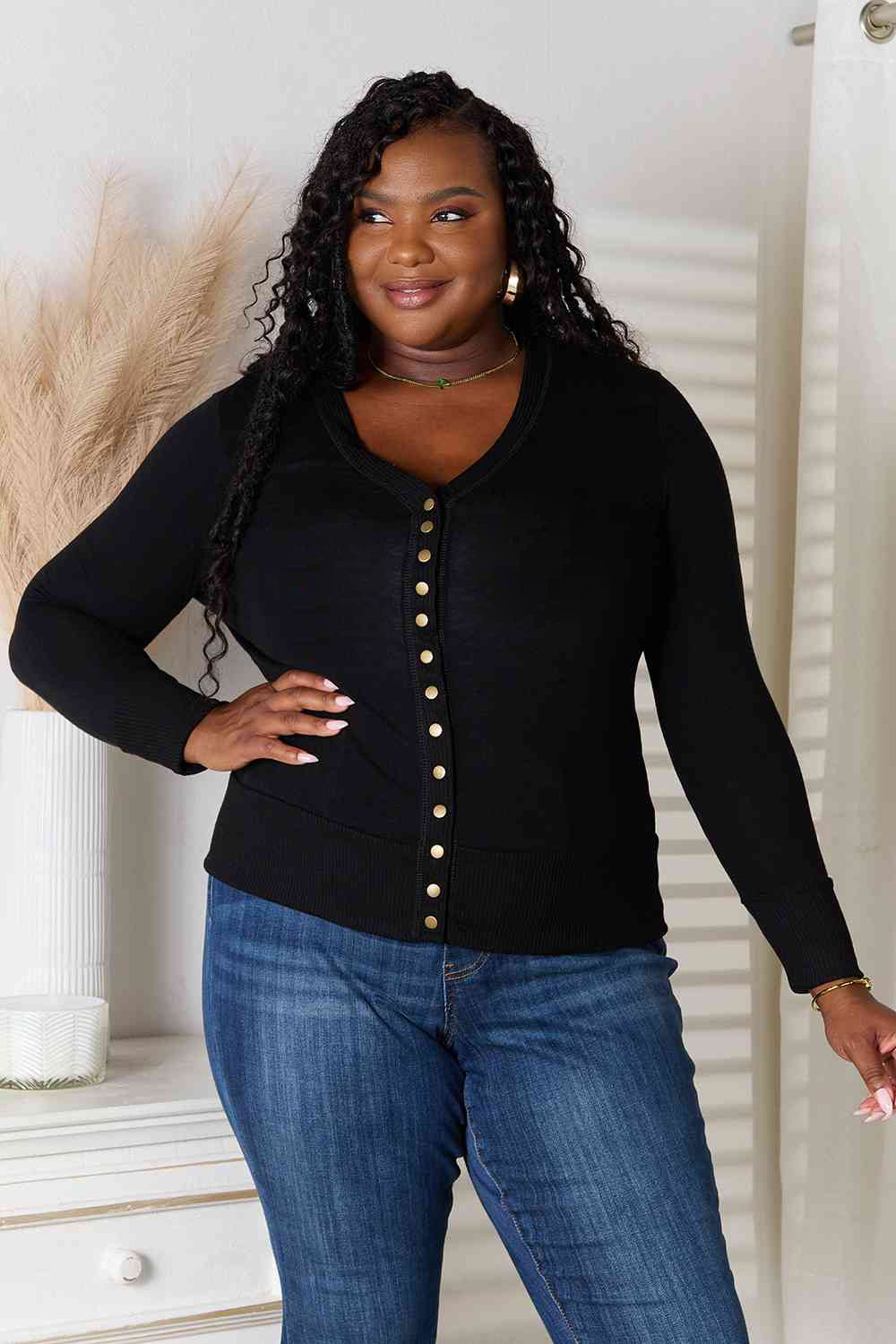 The Cool Factor V-Neck Long Sleeve Cardigan Top in Black