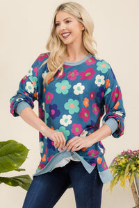 Side Slit Flower Print Long Sleeve Top in Teal