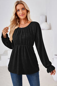 Ruched Round Neck Flounce Sleeve Blouse (multiple color options)