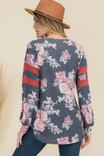 Load image into Gallery viewer, Floral Curved Hem T-Shirt with Stripe Detail
