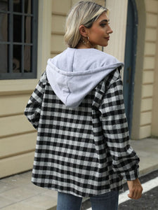 Drawstring Plaid Long Sleeve Hooded Jacket (multiple color options)