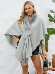 Fuzzy Trim Open Front Poncho (multiple color options)