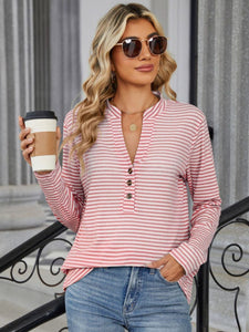 Striped Notched Long Sleeve Top (multiple color options)