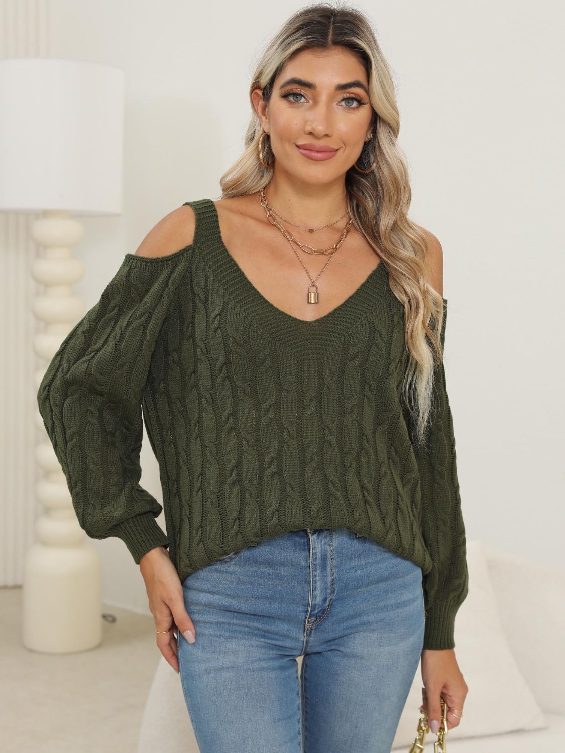 Cable-Knit V-Neck Long Sleeve Sweater (multiple color options)