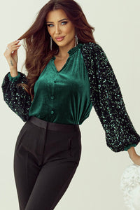 Sequin Notched Long Sleeve Blouse (2 color options)