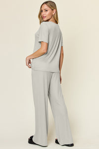 Cozy Comfort Round Neck Short Sleeve T-Shirt and Wide Leg Pants Set (multiple color options)