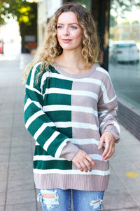 Striped Color Block Sweater in Hunter Green & Taupe