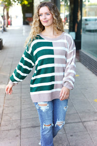 Striped Color Block Sweater in Hunter Green & Taupe