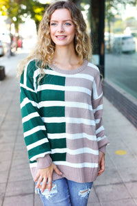 Striped Color Block Sweater in Hunter Green & Taupe