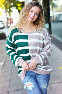 Striped Color Block Sweater in Hunter Green & Taupe