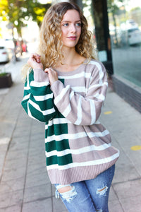 Striped Color Block Sweater in Hunter Green & Taupe