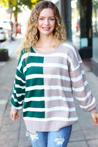 Striped Color Block Sweater in Hunter Green & Taupe