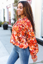 Load image into Gallery viewer, Fall Vibes Rust Floral Print Notched Neck Smocked Satin Top
