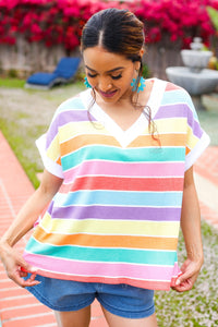 Sieze The Day Rainbow Striped V Neck Drop Shoulder Thermal Knit Top