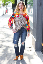 Load image into Gallery viewer, Rust &amp; Khaki Geometric Animal Print Color Block Bubble Sleeve Top
