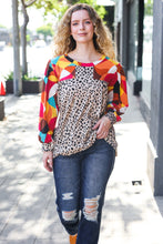 Load image into Gallery viewer, Rust &amp; Khaki Geometric Animal Print Color Block Bubble Sleeve Top
