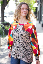 Load image into Gallery viewer, Rust &amp; Khaki Geometric Animal Print Color Block Bubble Sleeve Top
