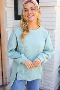 Back to Basics Jacquard Cable Pullover Top in Sage