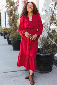 Beautiful You Holiday Overlap Ruffle V Neck Midi Dress in Red