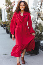 Load image into Gallery viewer, Beautiful You Holiday Overlap Ruffle V Neck Midi Dress in Red
