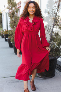 Beautiful You Holiday Overlap Ruffle V Neck Midi Dress in Red