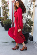 Load image into Gallery viewer, Beautiful You Holiday Overlap Ruffle V Neck Midi Dress in Red
