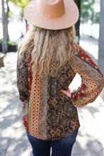 Load image into Gallery viewer, Weekend Ready Black &amp; Rust Paisley Raglan Keyhole Tie Top
