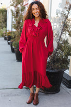 Load image into Gallery viewer, Beautiful You Holiday Overlap Ruffle V Neck Midi Dress in Red
