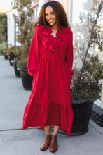 Load image into Gallery viewer, Beautiful You Holiday Overlap Ruffle V Neck Midi Dress in Red
