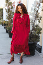 Load image into Gallery viewer, Beautiful You Holiday Overlap Ruffle V Neck Midi Dress in Red
